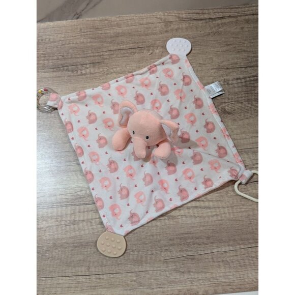 Modern Baby Elephant Security lovey Blanket Teether Toy Pink & White 12" - Picture 4 of 7